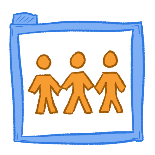 Orange generic, featureless people, inside of a transparent blue folder.